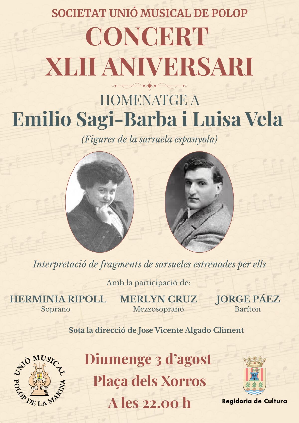 La Societat Unió Musical de Polop celebra su 42.º cumpleaños con un emotivo homenaje a Emilio Sagi-Barba y Luisa Vela, figuras destacadas de la zarzuela española.