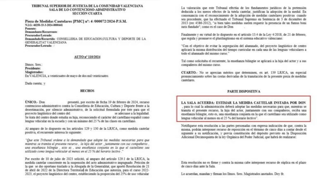 El TSJCV sentencia que se aplique de forma inmediata el mínimo de un 25% en español a un niño de Valencia y a todos sus compañeros de clase.