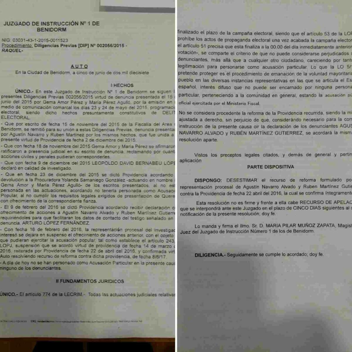 Desestimado un recurso de reforma presentado por Agust&iacute;n Navarro y Rub&eacute;n Mart&iacute;nez