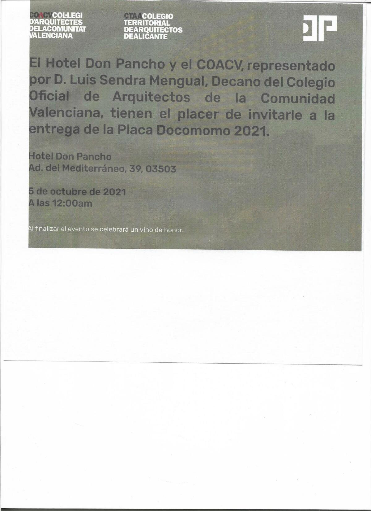 NOTA DE PRENSA  EL COLEGIO TERRITORIAL DE ARQUITECTOS DE ALICANTE SELECCIONA AL HOTEL DON PANCHO CON LA DISTINCION DE LA PLACA DOCOMOMO 2021.