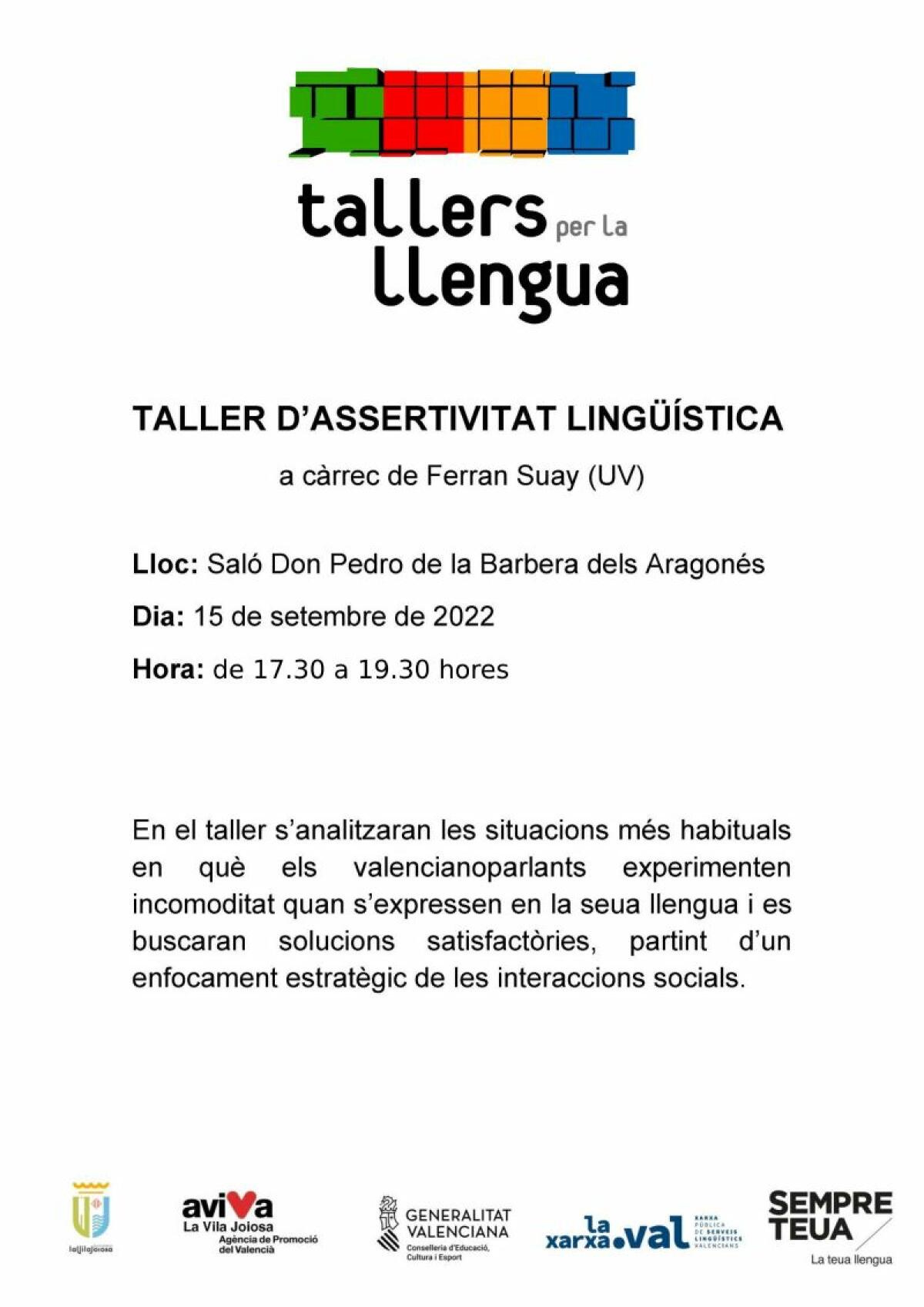 La Concejalía de Normalización Lingüística y Fomento y Uso del Valenciano organiza un ‘Taller de asertividad lingüística’ en el Salón Don Pedro de la Barbera 