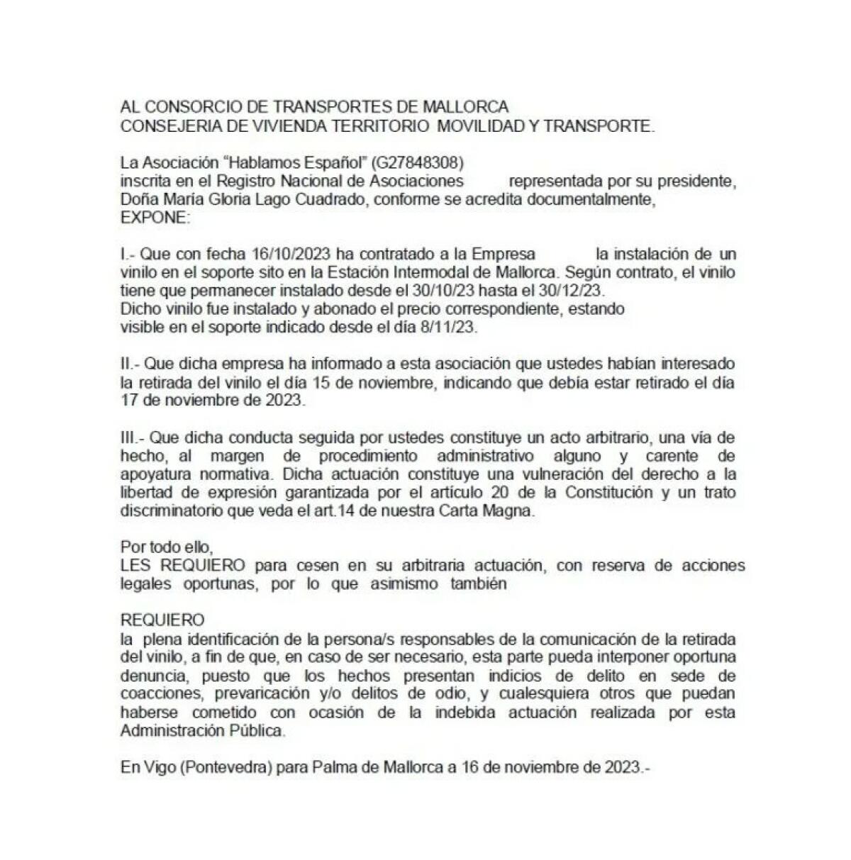 Hablamos Español requiere al Gobierno Balear por retirar su valla publicitaria con el lema: «Que no te cambien tu lengua, forma parte de tu personalidad.»