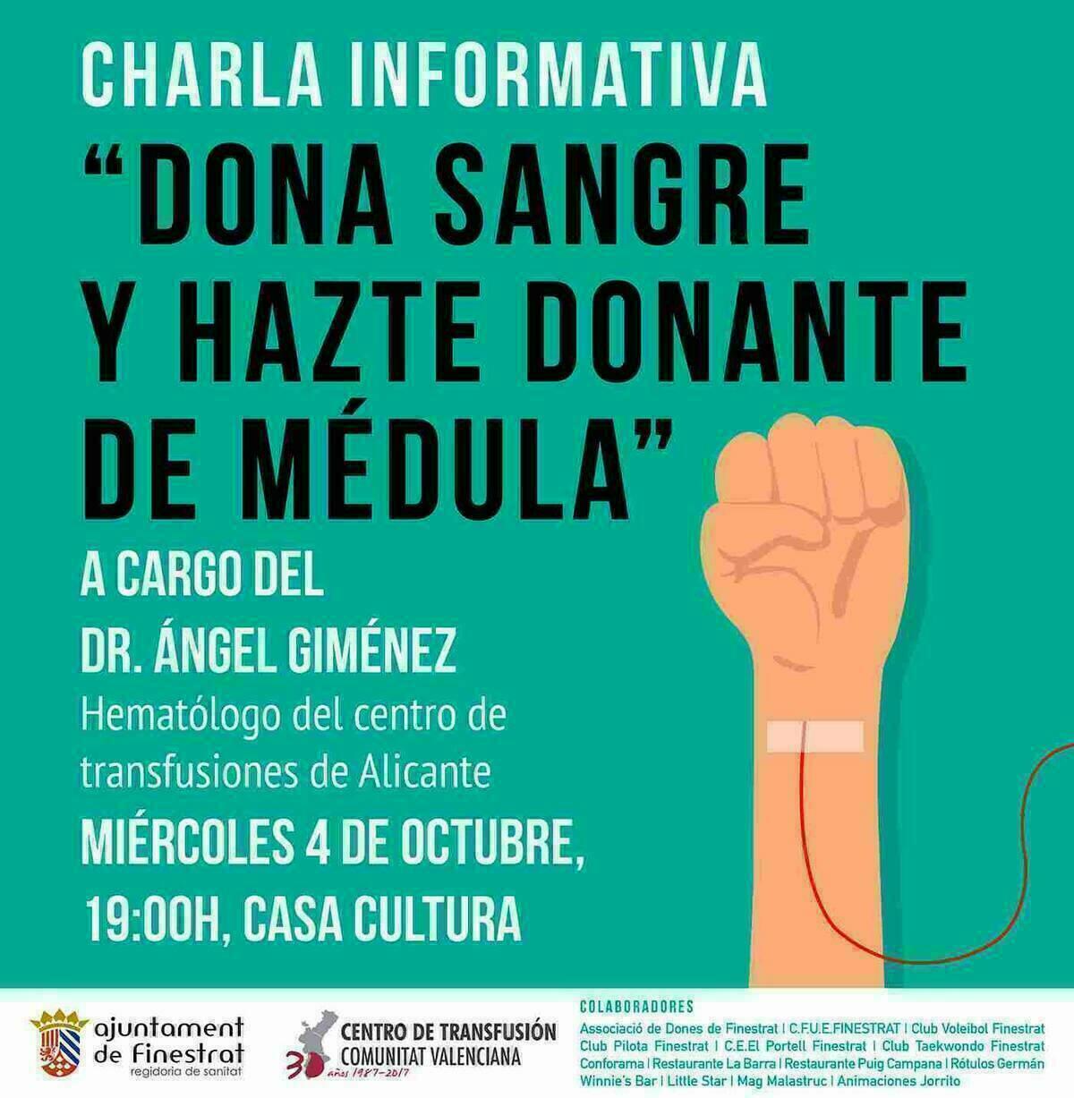 Ma&ntilde;ana se celebra la charla informativa &ldquo;dona sangre y hazte donante de m&eacute;dula&rdquo; en la Casa de Cultura de Finestrat