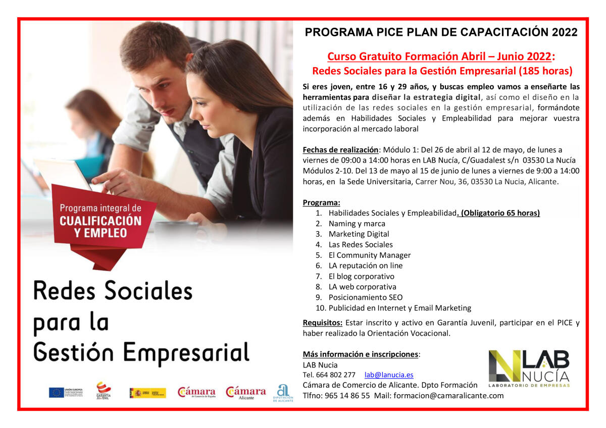 Cursos gratuitos de “Auxiliar de Comercio” y “Redes Sociales” para jóvenes, menores de 30 años