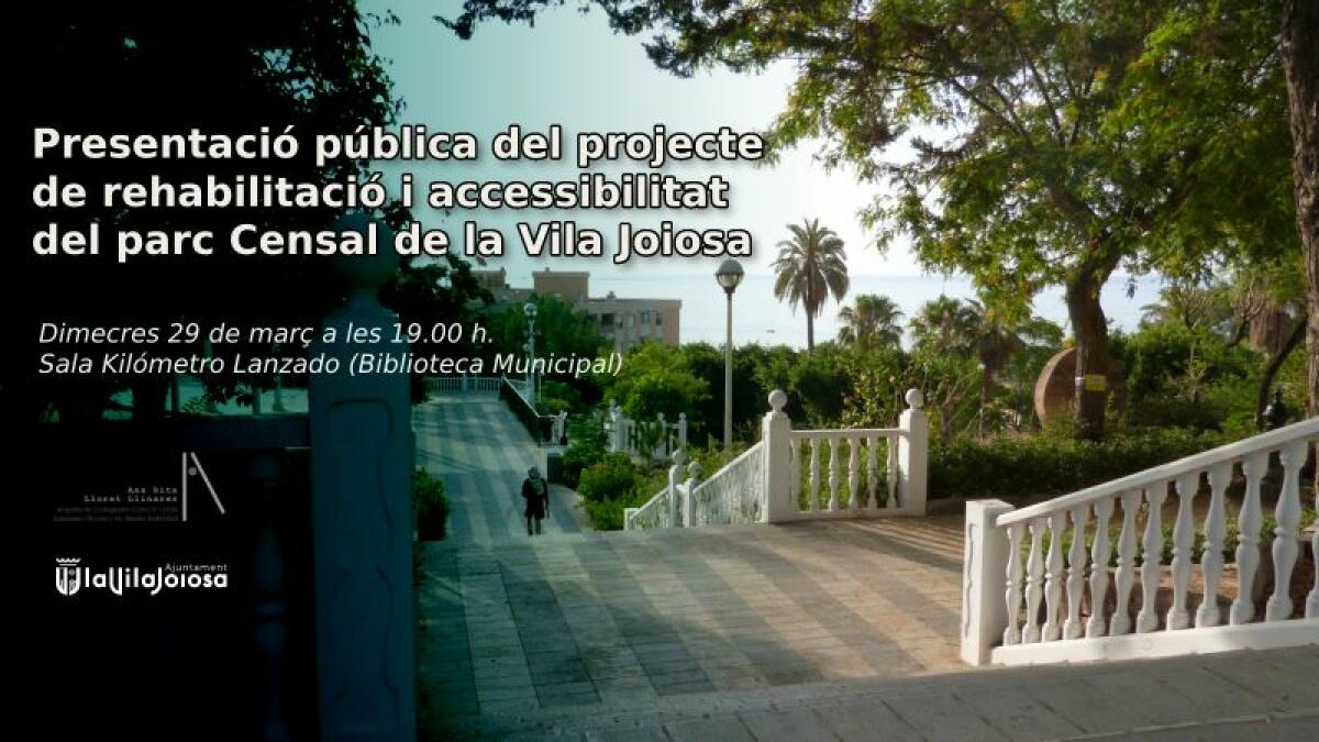 La Sala Kilómetro Lanzado de la Biblioteca Municipal acoge este miércoles 29 de marzo la presentación pública del proyecto de rehabilitación y accesibilidad del parque Censal de la Vila Joiosa