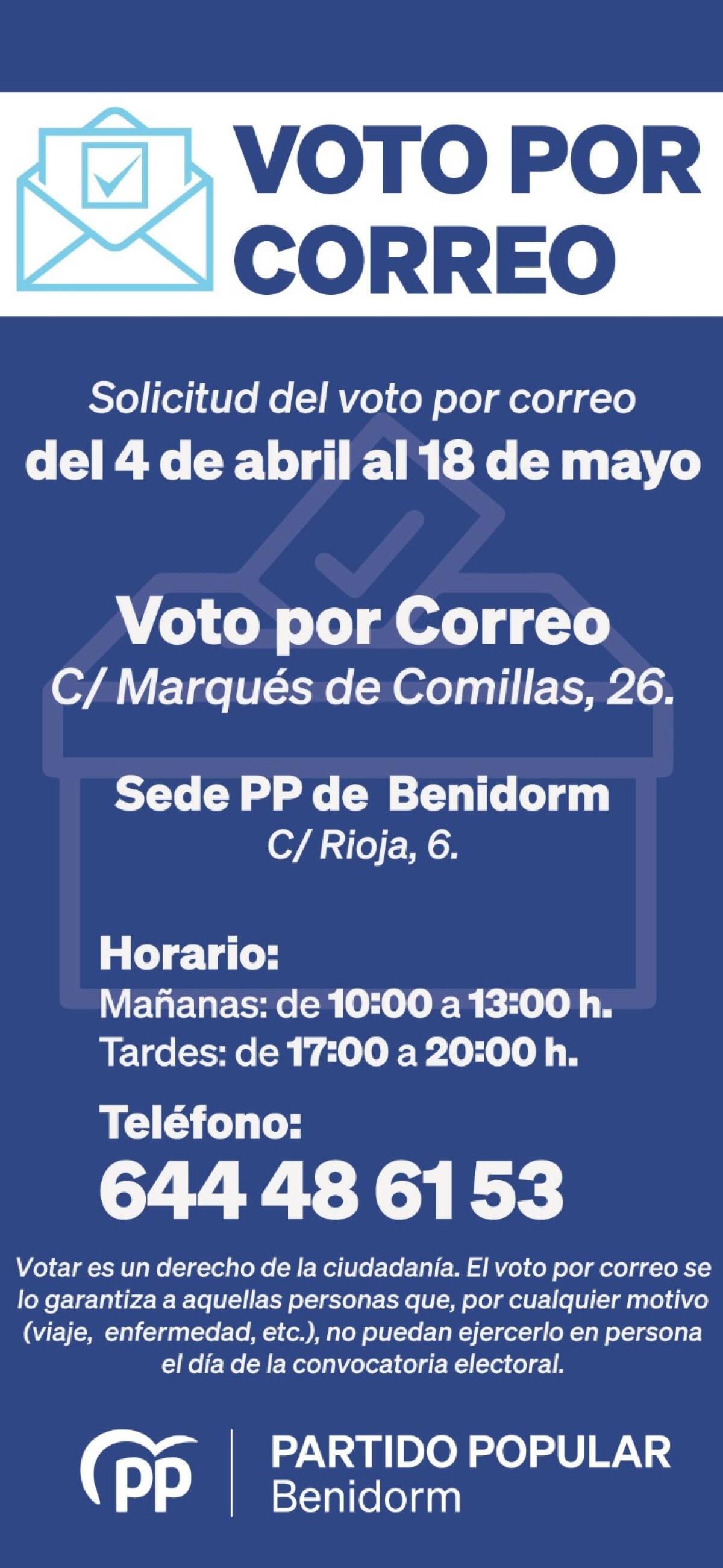 El PP de Benidorm inicia la campaña informativa del VOTO POR CORREO para las elecciones autonómicas y municipales del próximo 28 de mayo. 