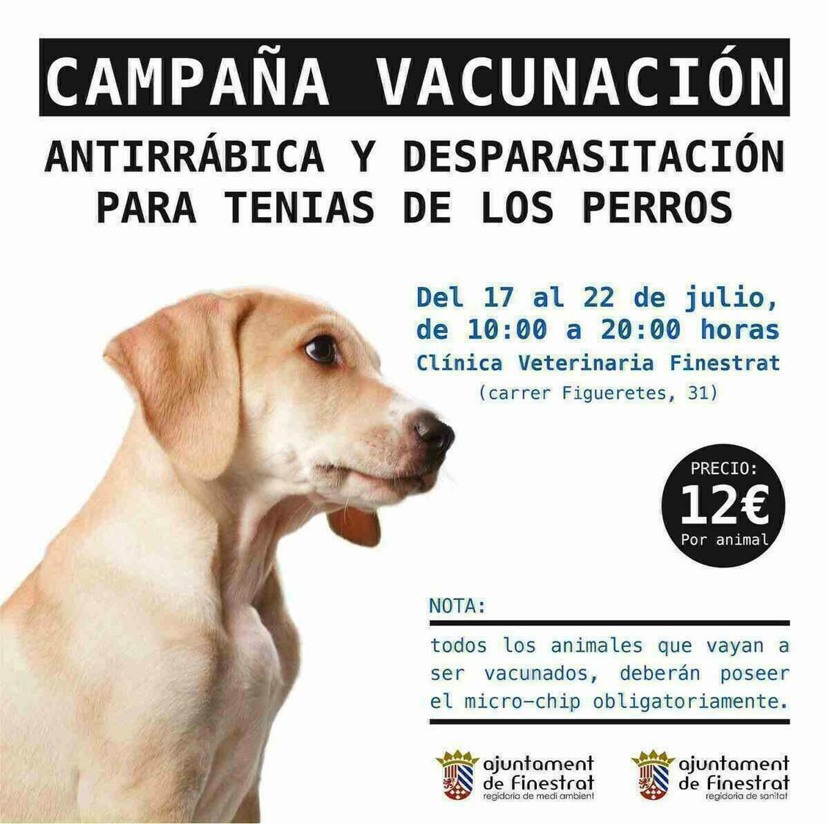 Finestrat celebra la campa&ntilde;a anual de vacunaci&oacute;n antirr&aacute;bica del 17 al 22 de julio