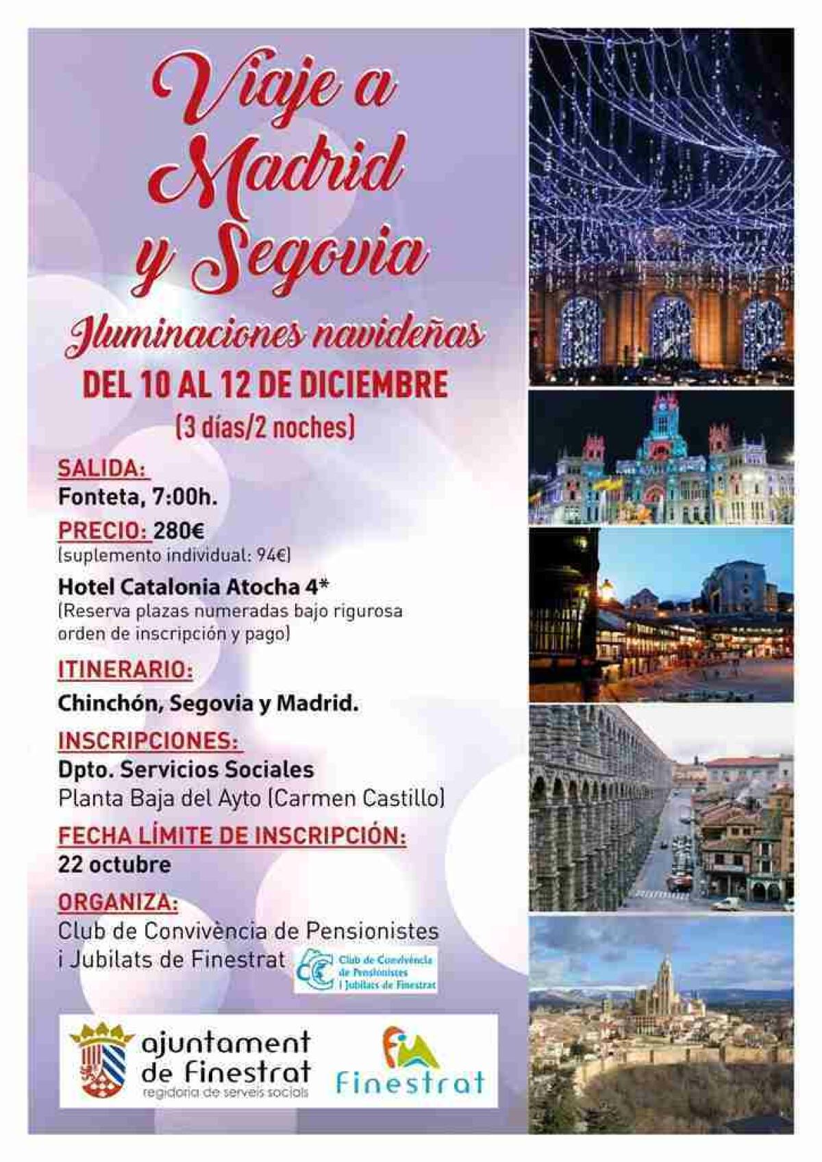 Finestrat organiza un viaje a Madrid y Segovia en diciembre para conocer la iluminaci&oacute;n navide&ntilde;a