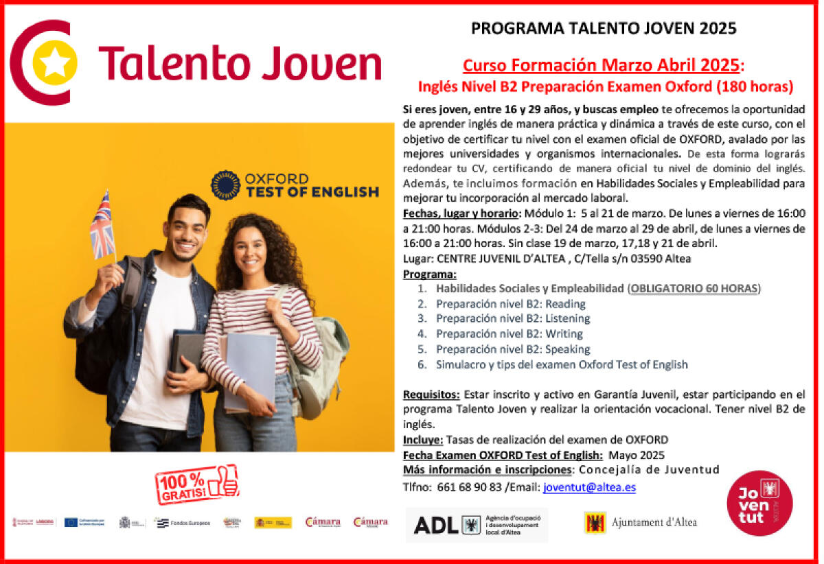 Juventud y la Cámara de Comercio ofrecen un curso de Inglés para jóvenes con certificado oficial