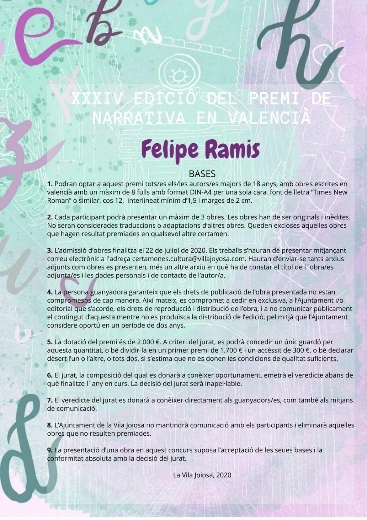 Cultura convoca la 34&ordf; edici&oacute;n del premio de narrativa en valenciano Felipe Ramis de la Vila Joiosa.