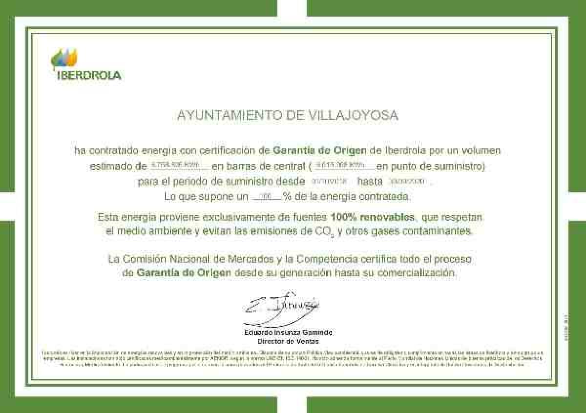 El Ayuntamiento de la Vila Joiosa cuenta con energía eléctrica procedente de orígenes renovables