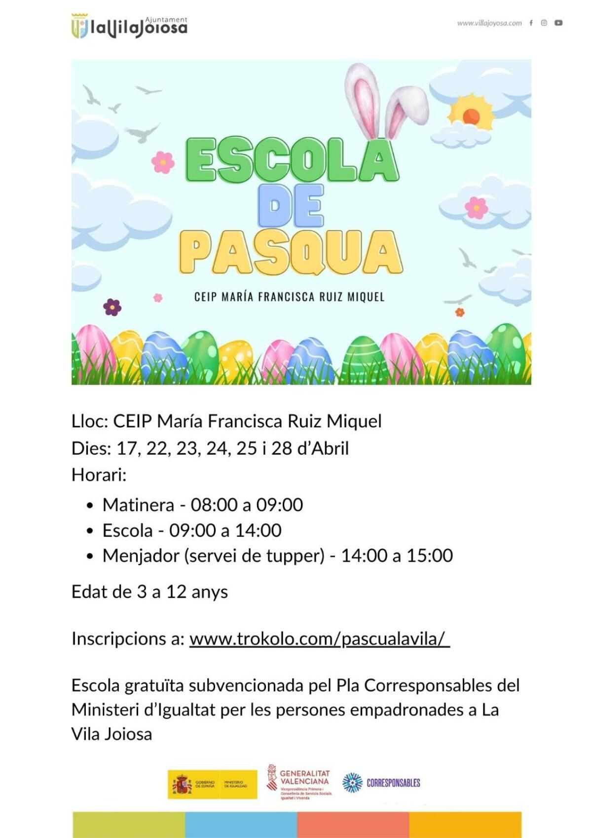 El Ayuntamiento de Villajoyosa ofrece una Escuela de Pascua gratuita e inclusiva para el alumnado entre 3 y 12 años