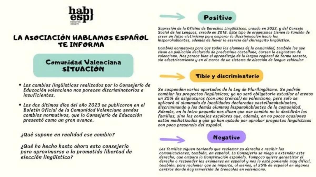 Los cambios lingüísticos de la Consejería de Educación de la Comunidad Valenciana nos parecen tibios y que discriminan a muchas familias hispanohablantes