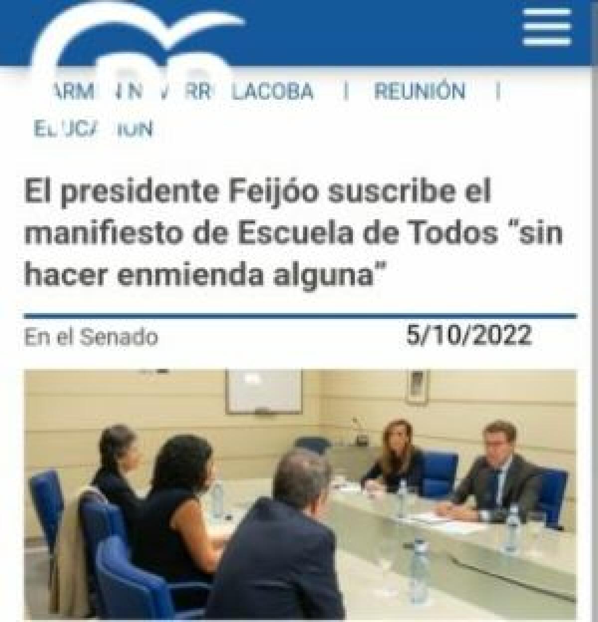 El Partido Popular ha publicado una nota de prensa en la que hace público un compromiso adquirido durante una reunión que mantuvo con representantes de Sociedad Civil Catalana y Asamblea por una Escuela Bilingüe.