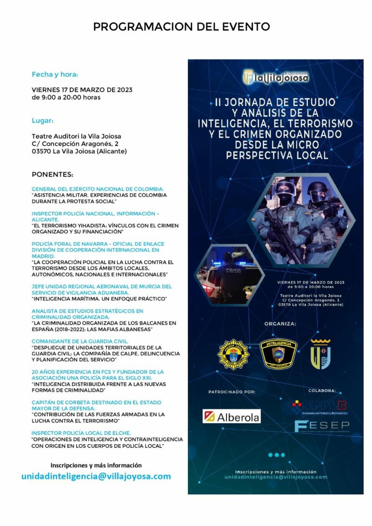 Policía Local de la Vila Joiosa presenta las ‘II Jornadas de Estudio y Análisis de la Inteligencia, el Terrorismo y el Crimen Organizado desde la Microperspectiva Local’