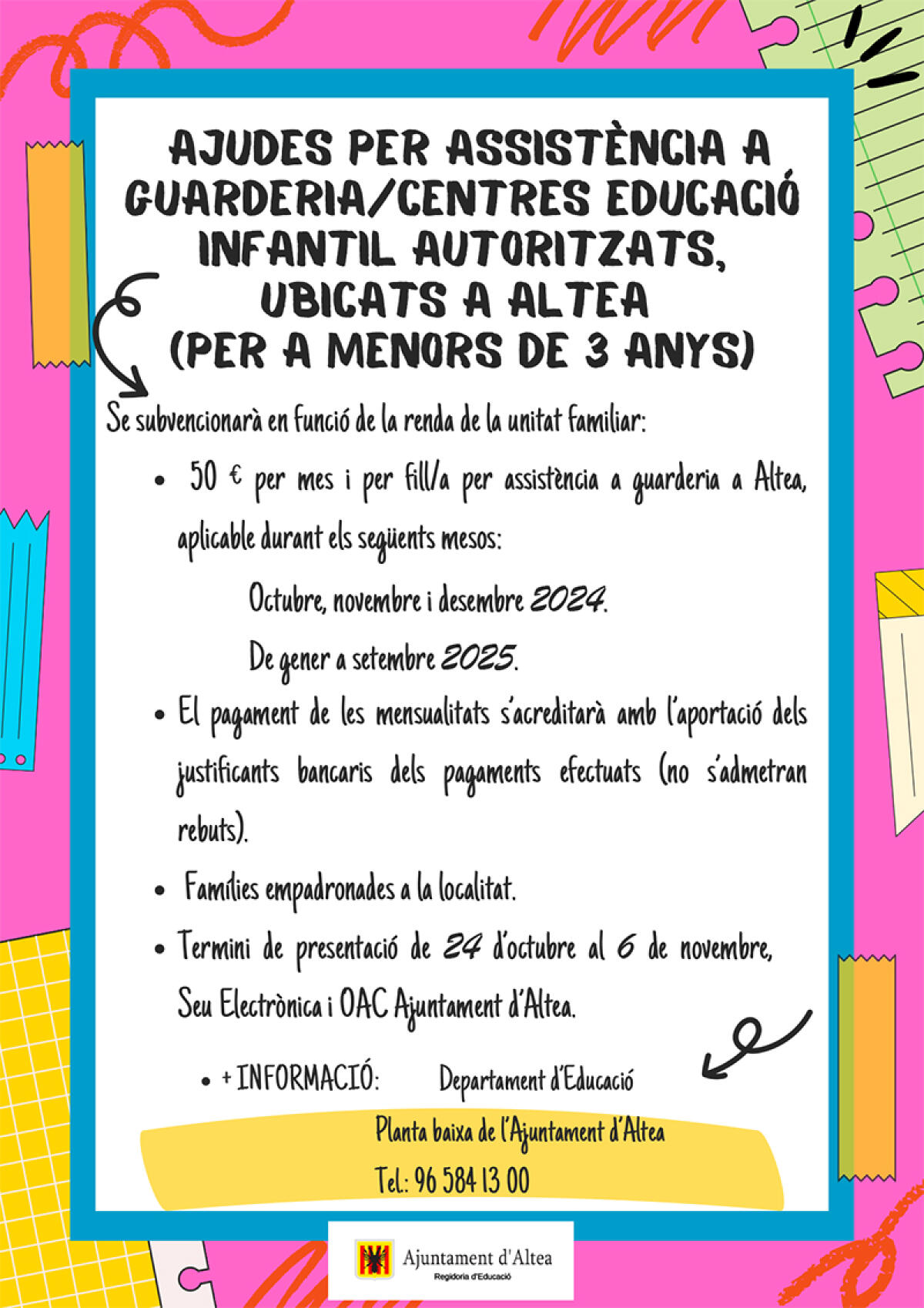 La concejalía de Educación convoca las ayudas por asistencia a guardería