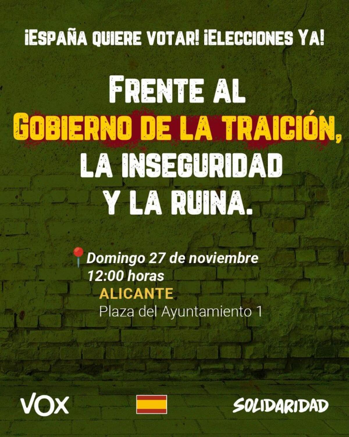 El próximo domingo día 27 de noviembre, VOX Alicante acompañado de el Sindicato Solidaridad convocan una concentración frente al Ayuntamiento de Alicante a las 12:00h