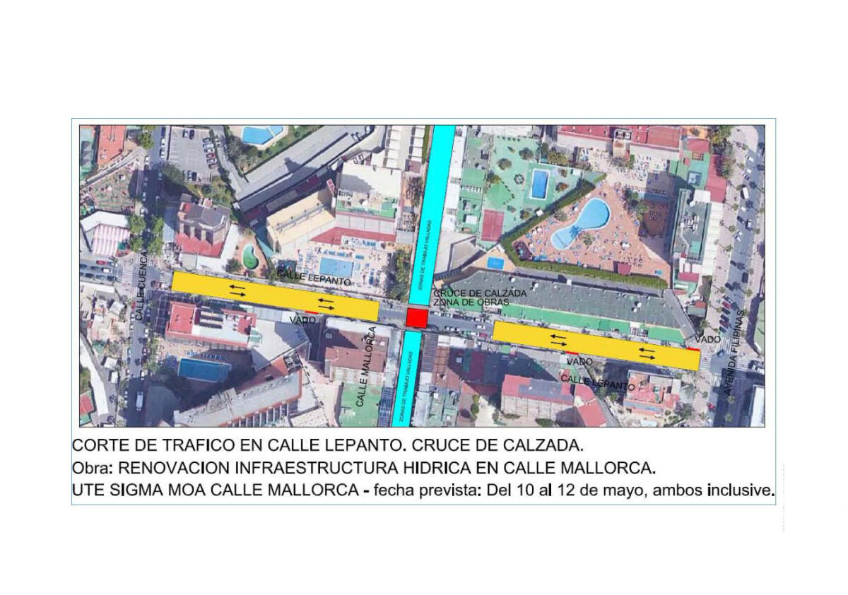 El tramo de la calle Lepanto entre Filipinas y Cuenca, cortado al tráfico tres días por las obras de Mallorca