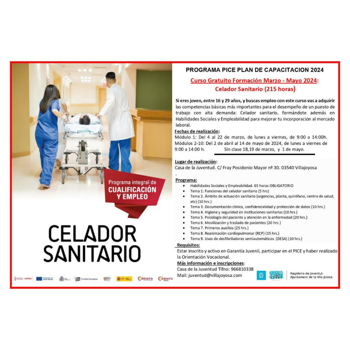 La concejalía de Juventud ofrece un curso gratuito de celador sanitario dirigido a jóvenes entre 16 y 29 años 