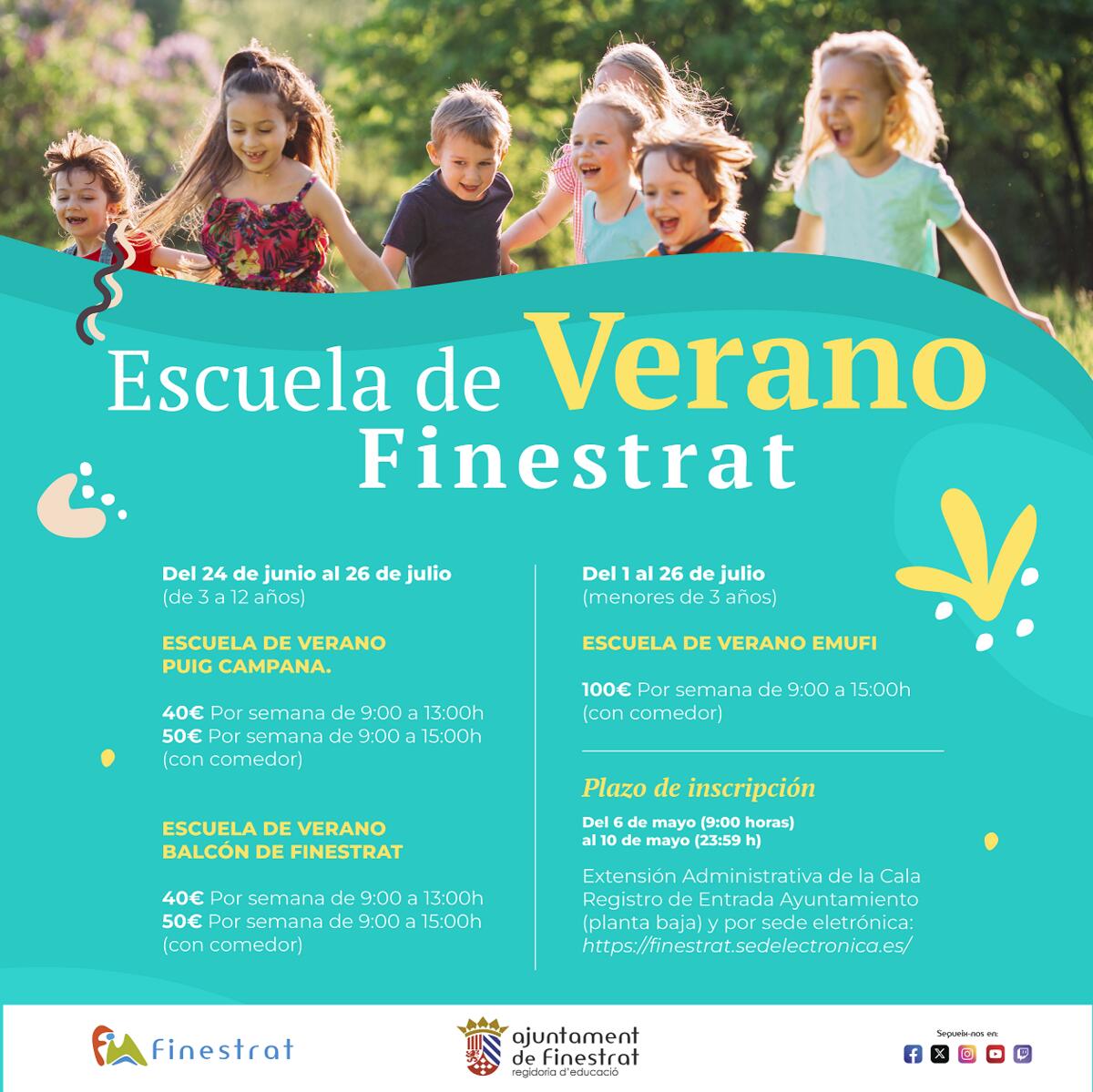 FINESTRAT ABRE PLAZO DE INSCRIPCIÓN PARA LAS ESCUELAS MUNICIPALES DE VERANO DESDE BEBÉS HASTA 12 AÑOS