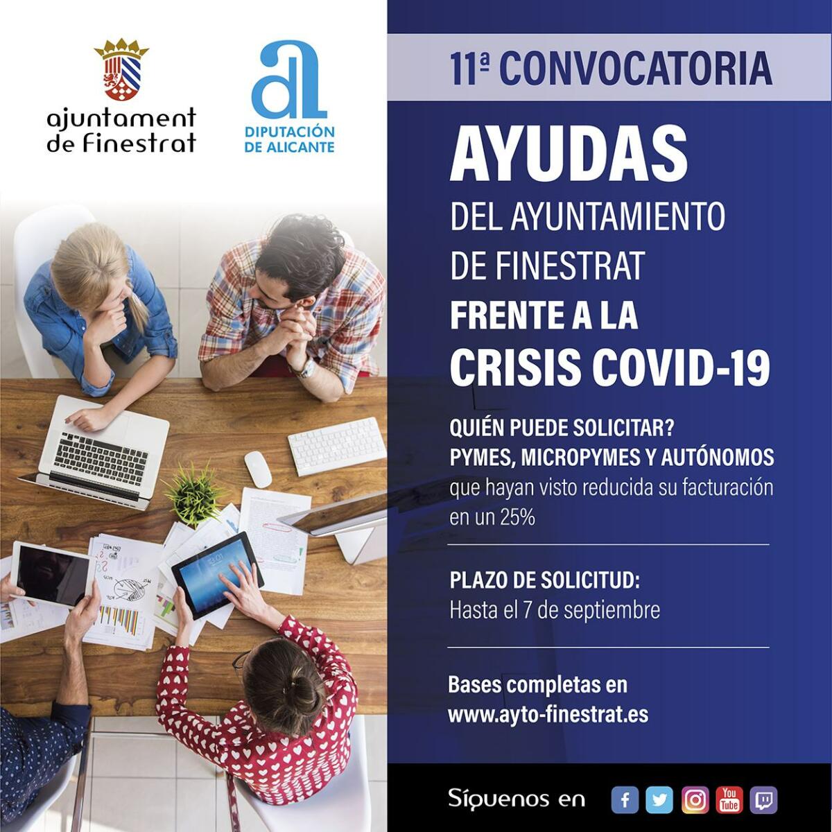 EL AYUNTAMIENTO DE FINESTRAT LANZA LA 11ª CONVOCATORIA DE AYUDAS DESDE QUE EMPEZÓ LA PANDEMIA PARA REDUCIR EL IMPACTO ECONÓMICO DE LA CRISIS