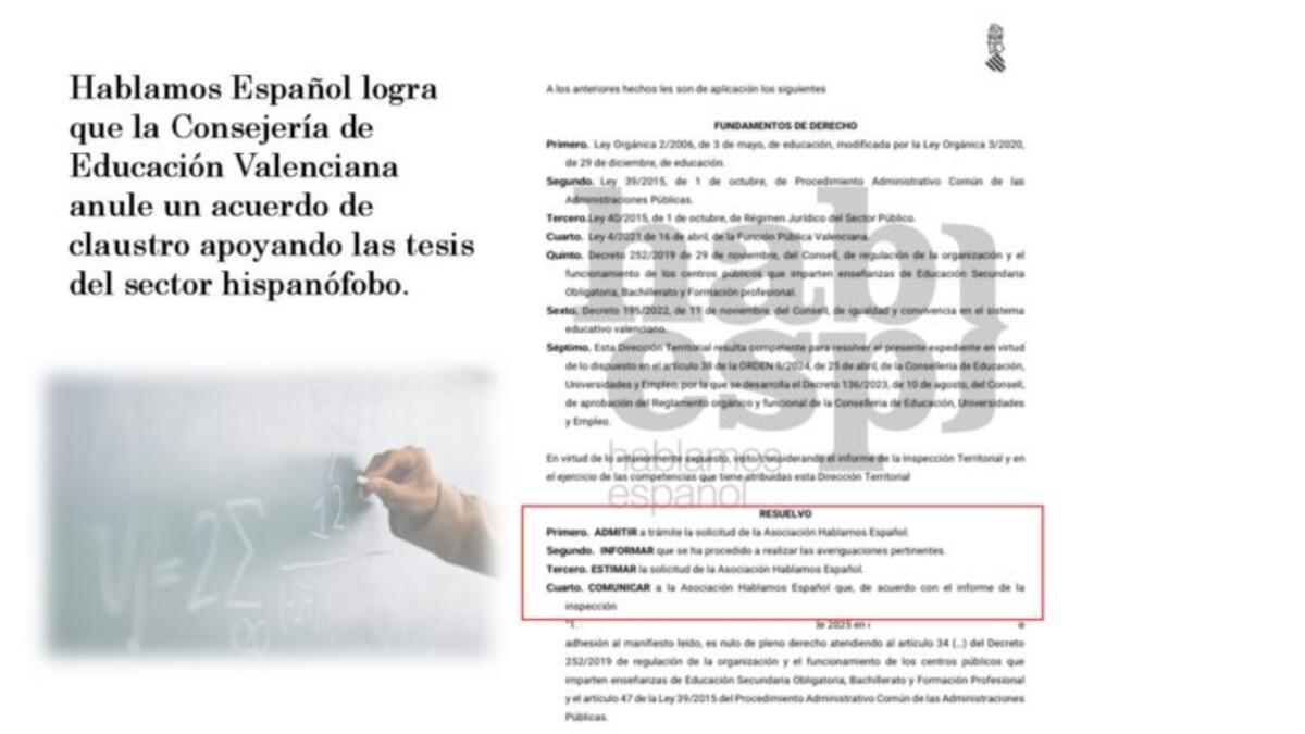 Hablamos Español logra que la Consejería de Educación Valenciana anule un acuerdo de claustro apoyando las tesis del sector hispanófobo.