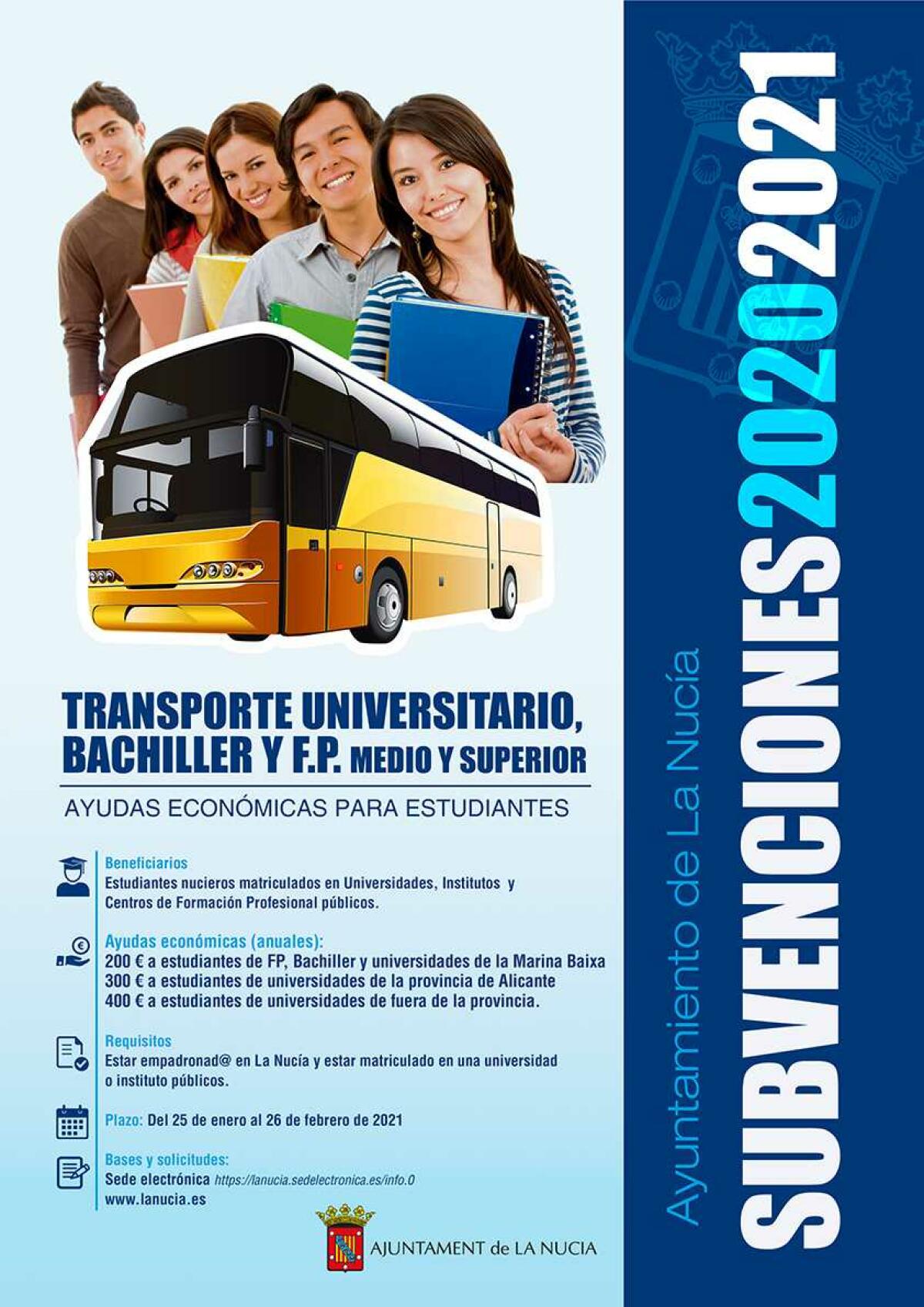 La Subvención de Transporte Universitario, Bachiller y FP  finaliza la próxima semana