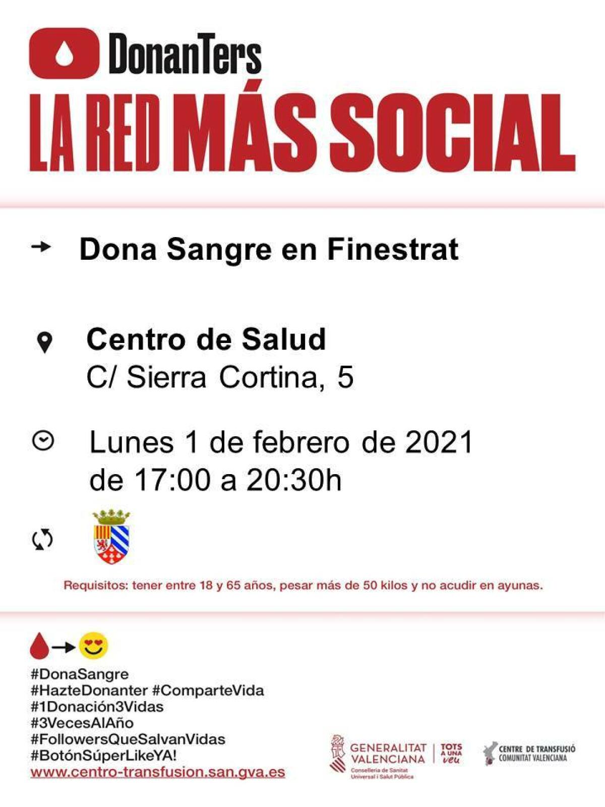 EL CONSULTORIO MÉDICO DE FINESTRAT ACOGE ESTE LUNES, 1 DE FEBRERO, LA PRIMERA JORNADA DE DONACIÓN DE SANGRE DE 2021