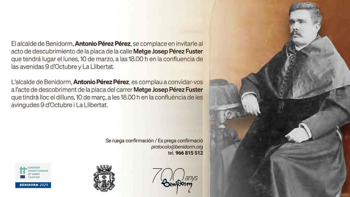 Benidorm rinde esta tarde homenaje al Metge Josep Pérez Fuster dedicándole una calle y con una conferencia 