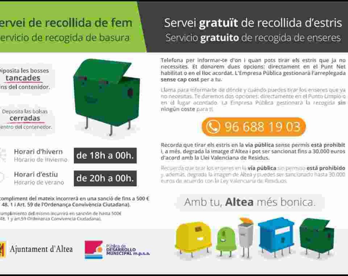 Altea // Desde la PDM recuerdan tirar la basura a partir de las 20.00 horas en verano