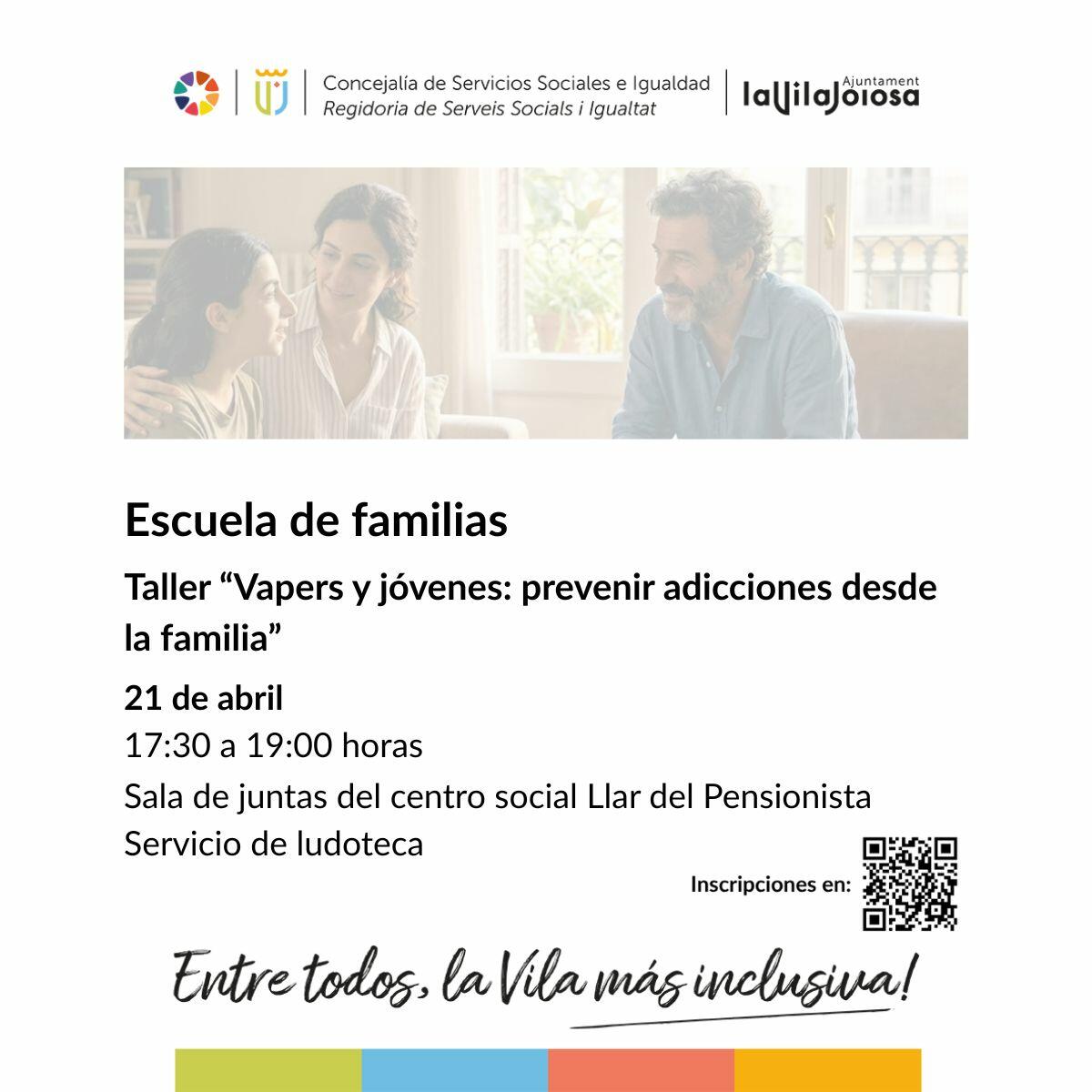 Villajoyosa imparte el taller &ldquo;Vapers y J&oacute;venes: prevenir adicciones desde la familia&rdquo; dentro de la iniciativa Escuela de Familias 