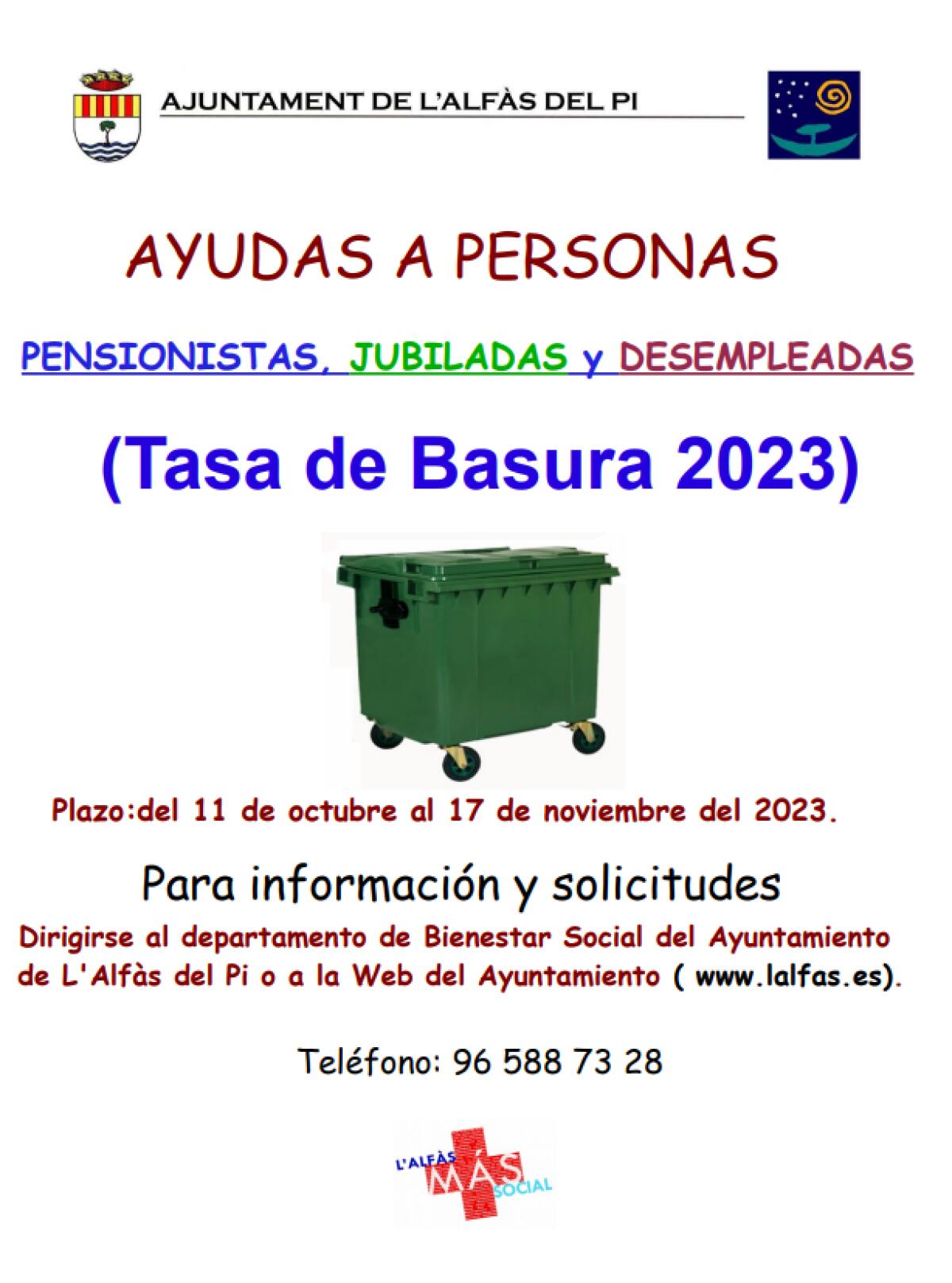 L’Alfàs ayuda a las personas jubiladas, desempleadas y pensionistas al pago de la tasa de basura