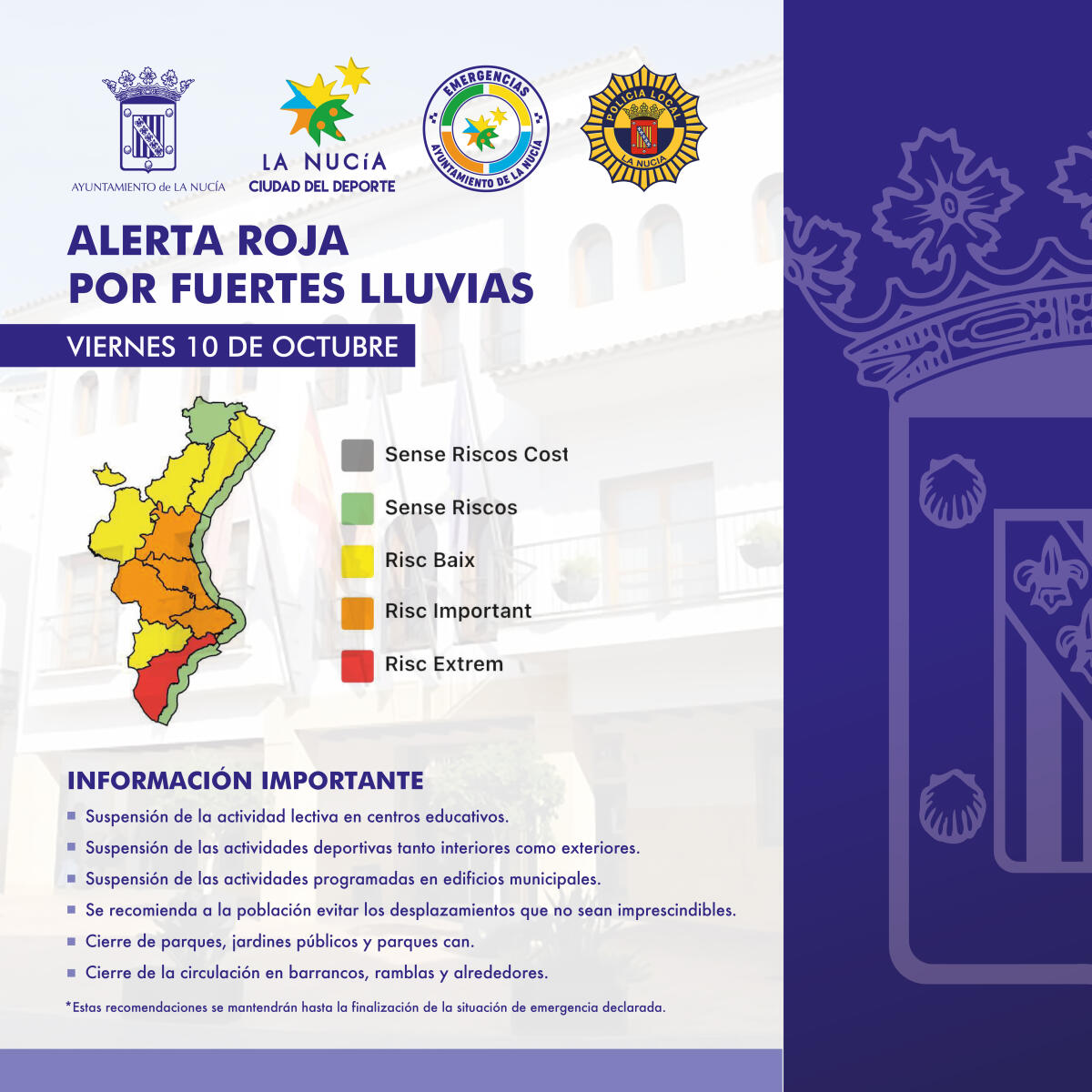 La Nucía por la Alerta Roja cierra edificios públicos, suspende todas las actividades y clases