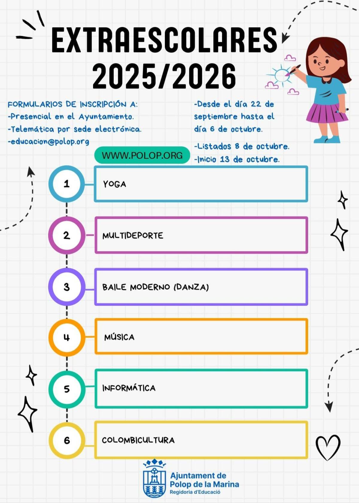 Polop abre el plazo de inscripci&oacute;n para las actividades extraescolares del curso 2025/2026