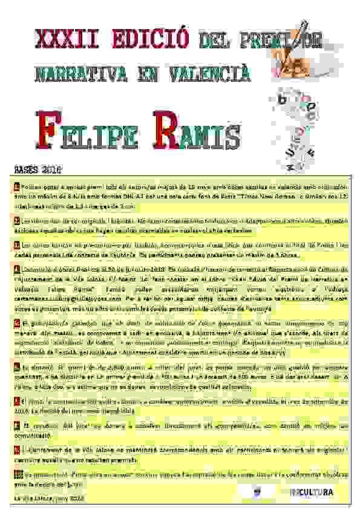 La Vila &middot; Cultura convoca la 22 edici&oacute;n del premio de narrativa en valenciano Felipe Ramis de La Vila Joiosa 