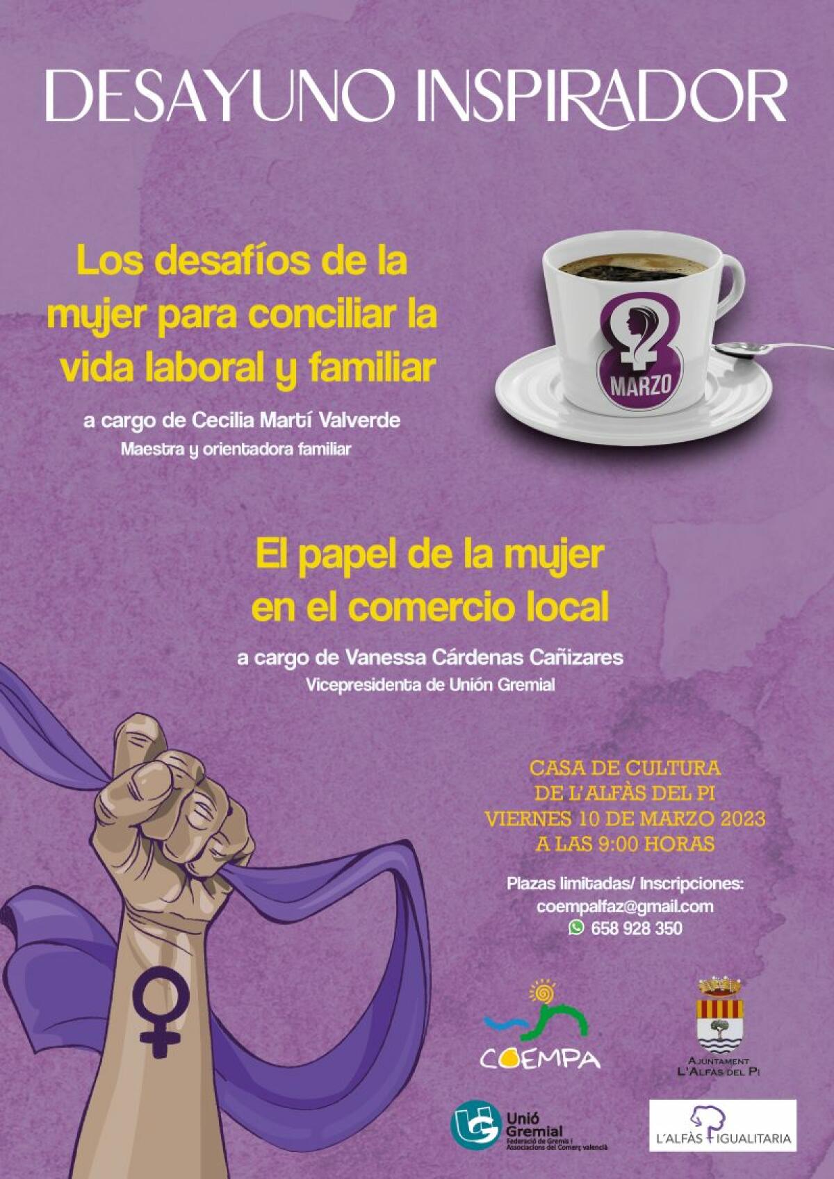 COEMPA organiza un desayuno inspirador este viernes en la Casa de Cultura de l’Alfàs dentro de los actos del 8M