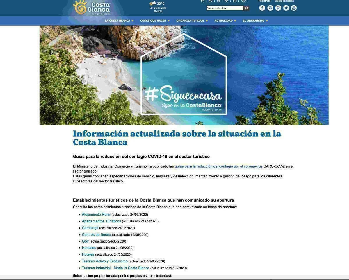 El Patronato Costa Blanca activa en su web un apartado con informaci&oacute;n de los establecimientos tur&iacute;sticos de la provincia abiertos al p&uacute;blico
