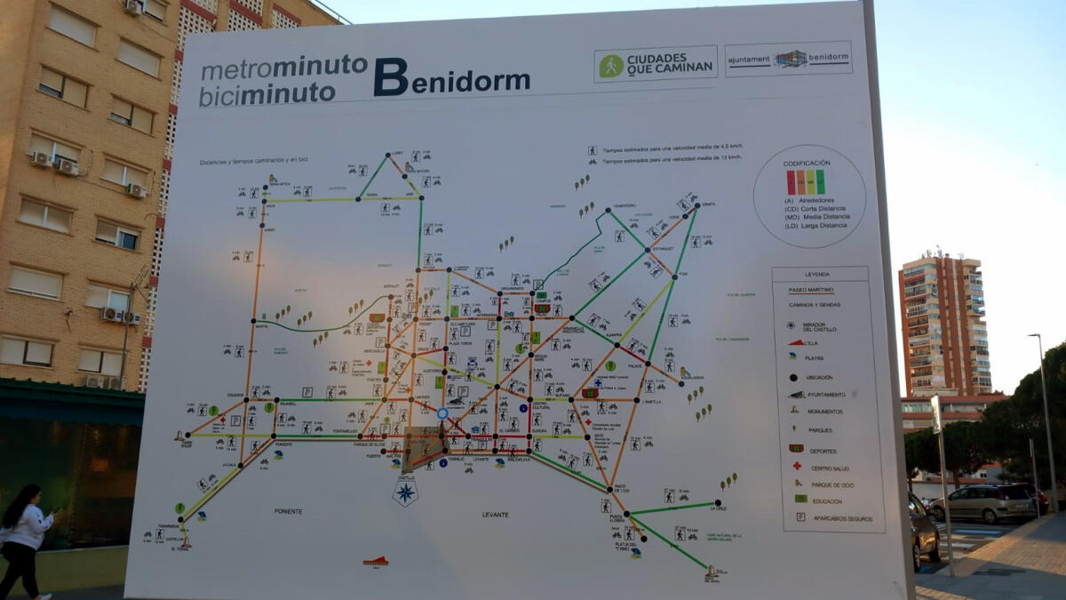 Benidorm coloca 25 paneles en distintos puntos de la ciudad para potenciar los desplazamientos a pie y en bici