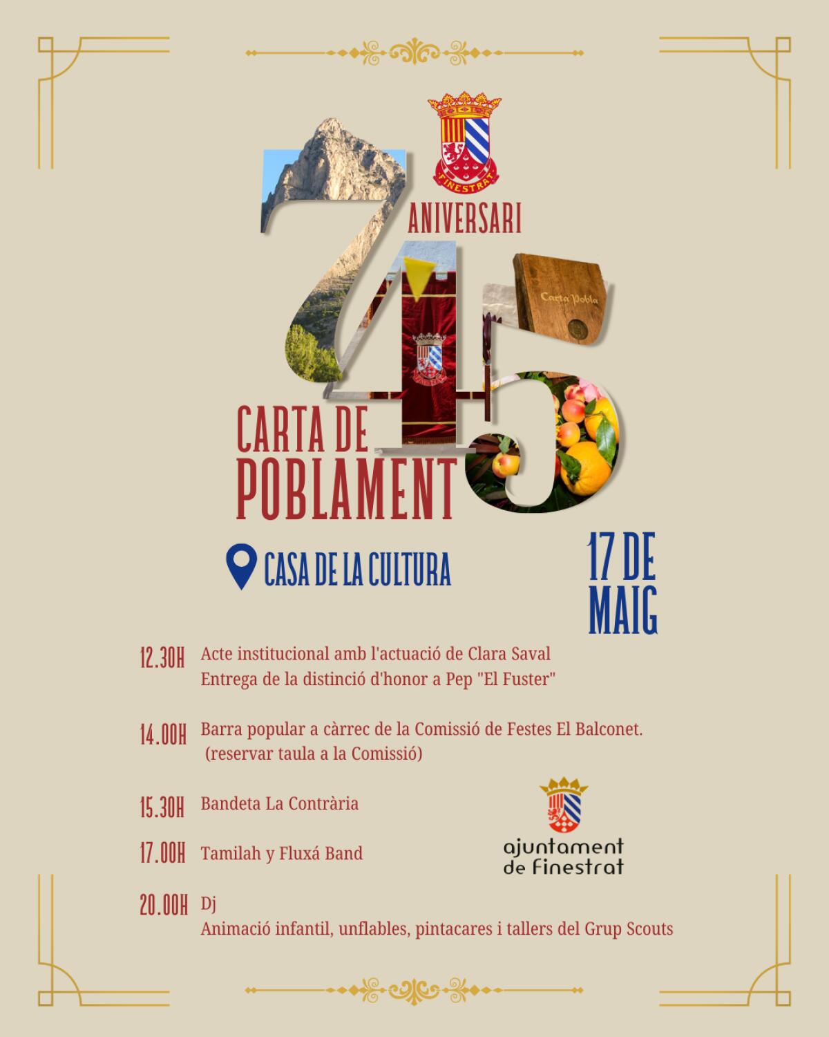 FINESTRAT CELEBRA ESTE SÁBADO EL 745 ANIVERSARIO DE SU CARTA POBLA CON LA DISTINCIÓN A “PEP EL FUSTER” 