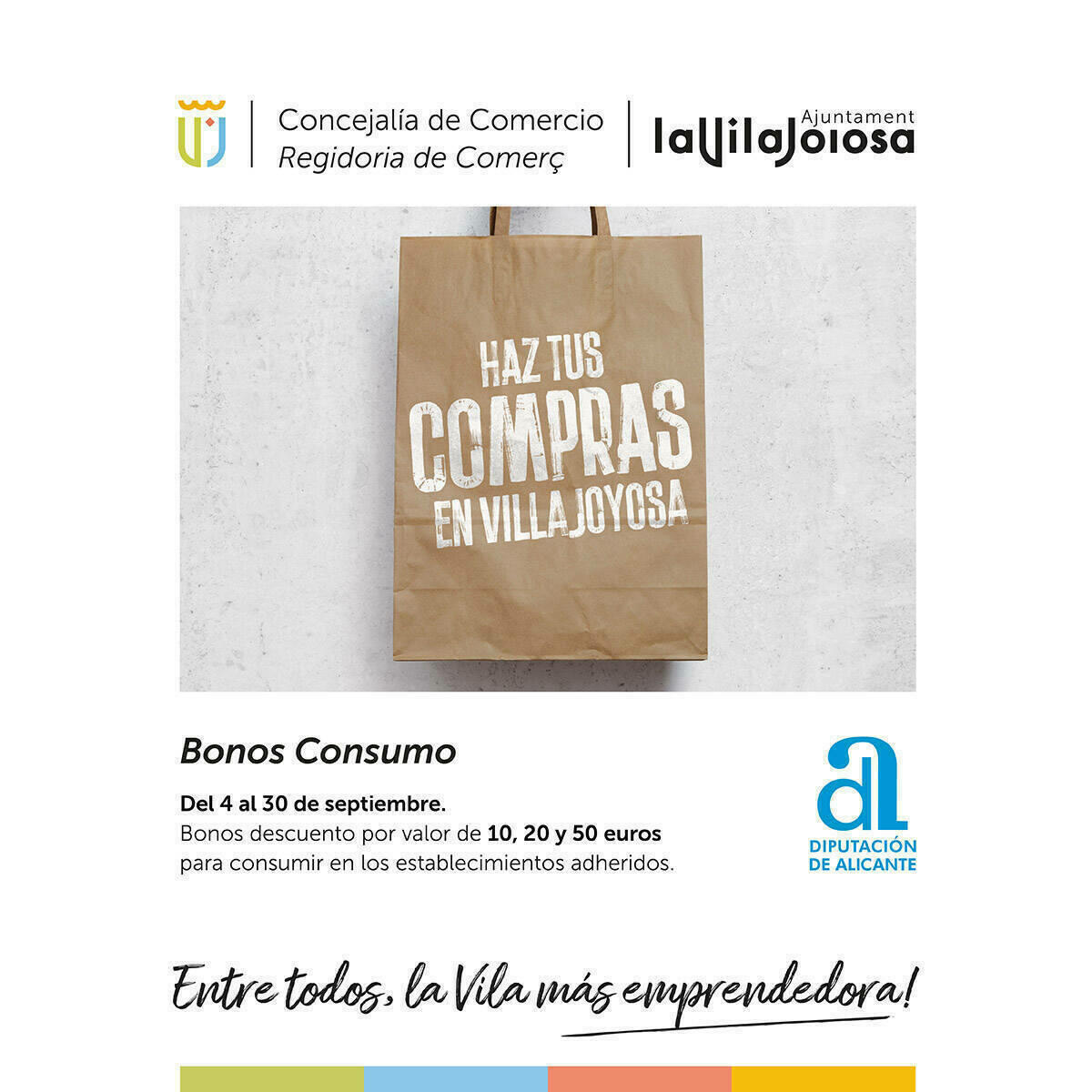 El Ayuntamiento de Villajoyosa lanza la campaña de Bono Consumo del 4 al 30 de septiembre con el fin de dinamizar el comercio local