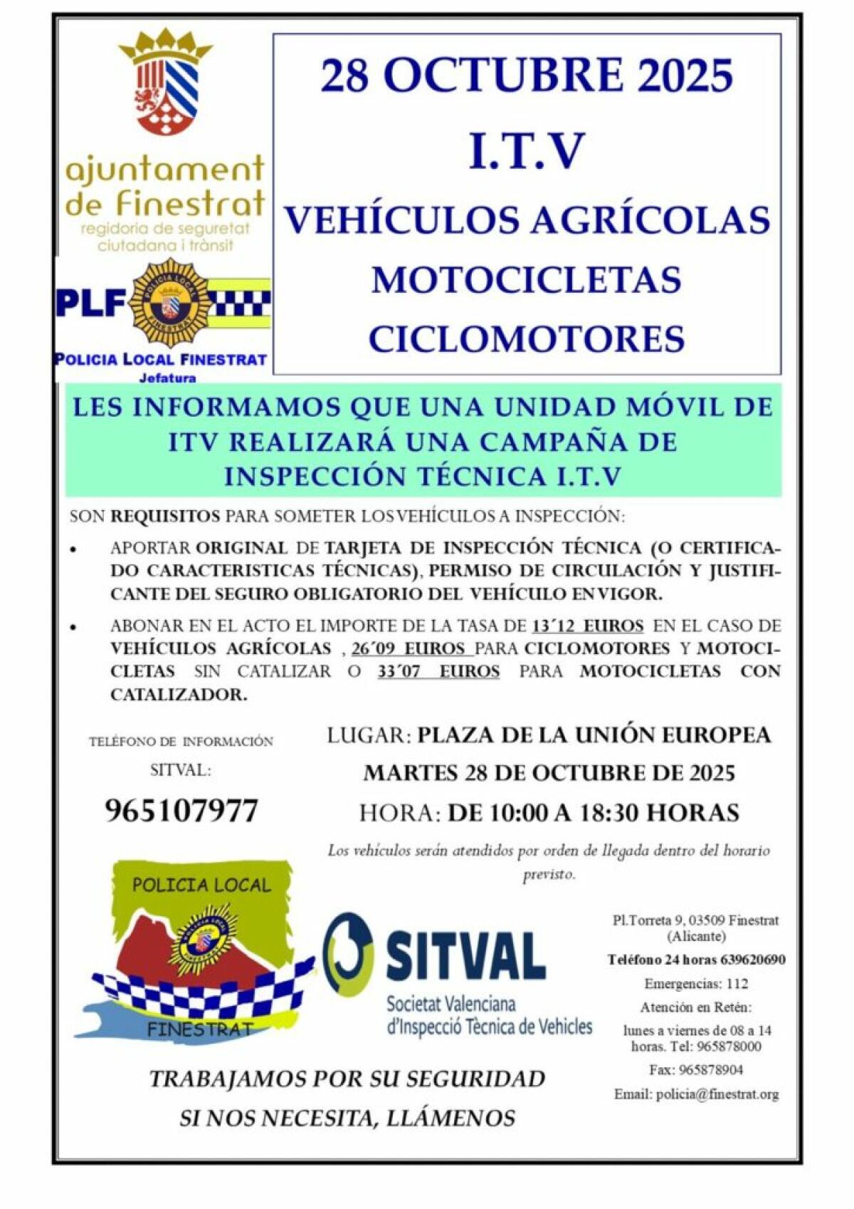 Jornada de ITV móvil el martes 28 de octubre en Finestrat