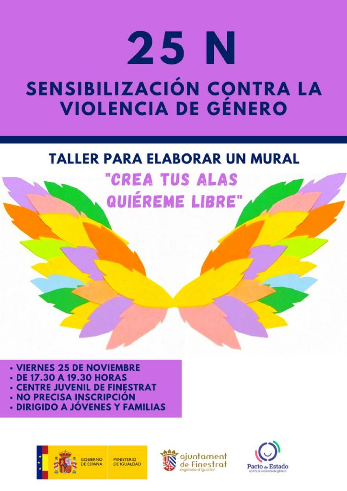 FINESTRAT SE SUMA AL 25N CON EL TALLER DE CREACIÓN DEL MURAL “CREA TUS ALAS, QUIÉREME LIBRE”, EL TEATRO “HISTORIAS DE LA VAGINA” Y TALLERES DE COEDUCACIÓN EN LAS AULAS DE LOS COLES