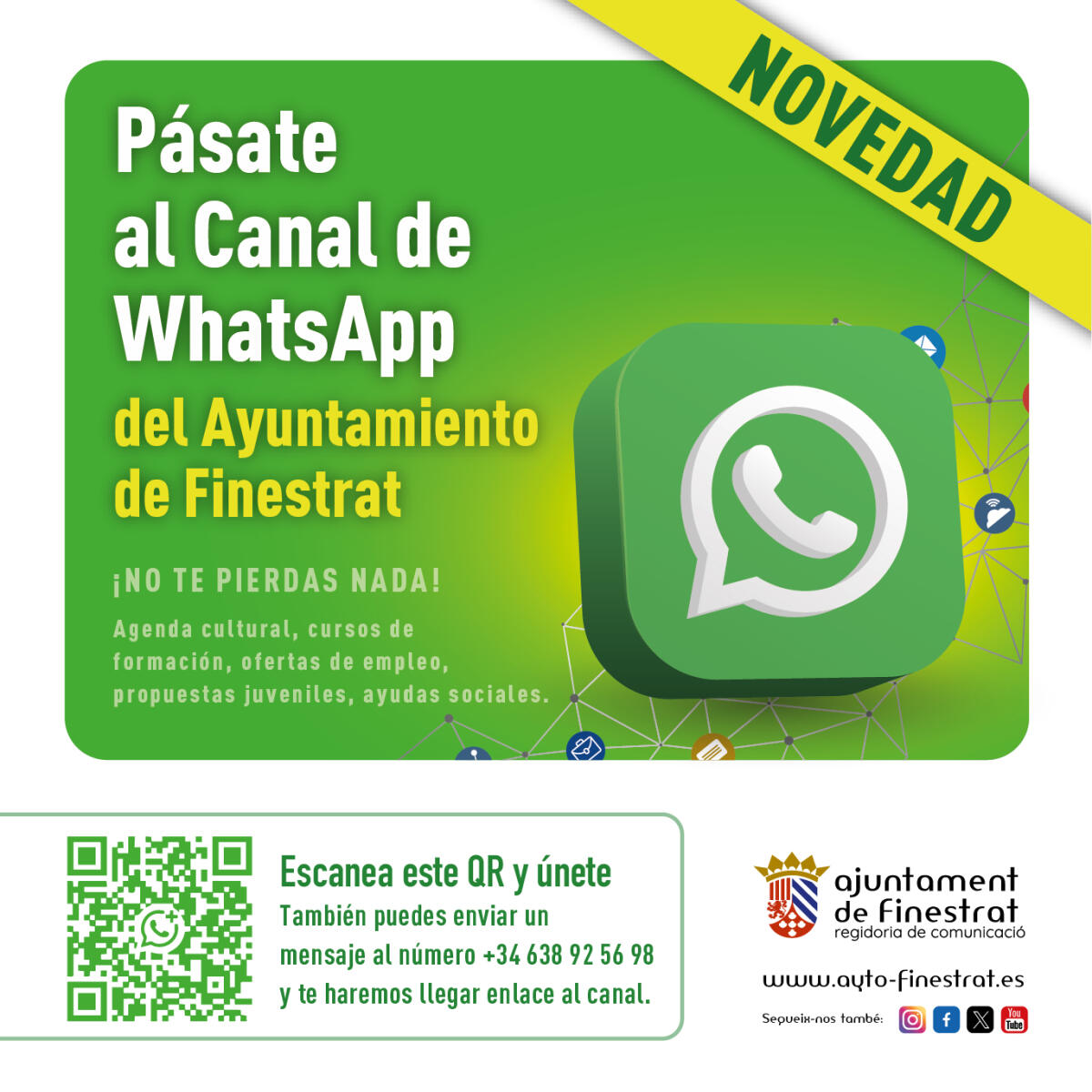 El Ayuntamiento de Finestrat activa su CANAL de información oficial en WhatsApp