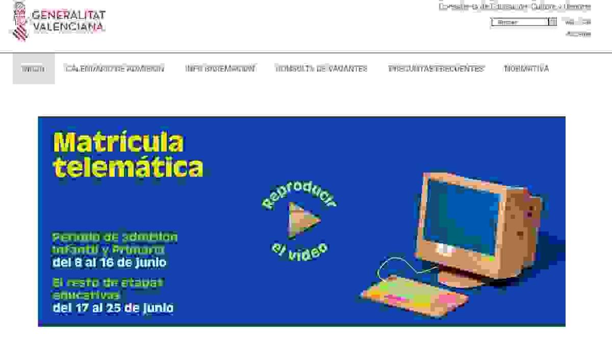 Activada la web de Conselleria de Educaci&oacute;n para tramitar la matr&iacute;cula telem&aacute;tica desde casa