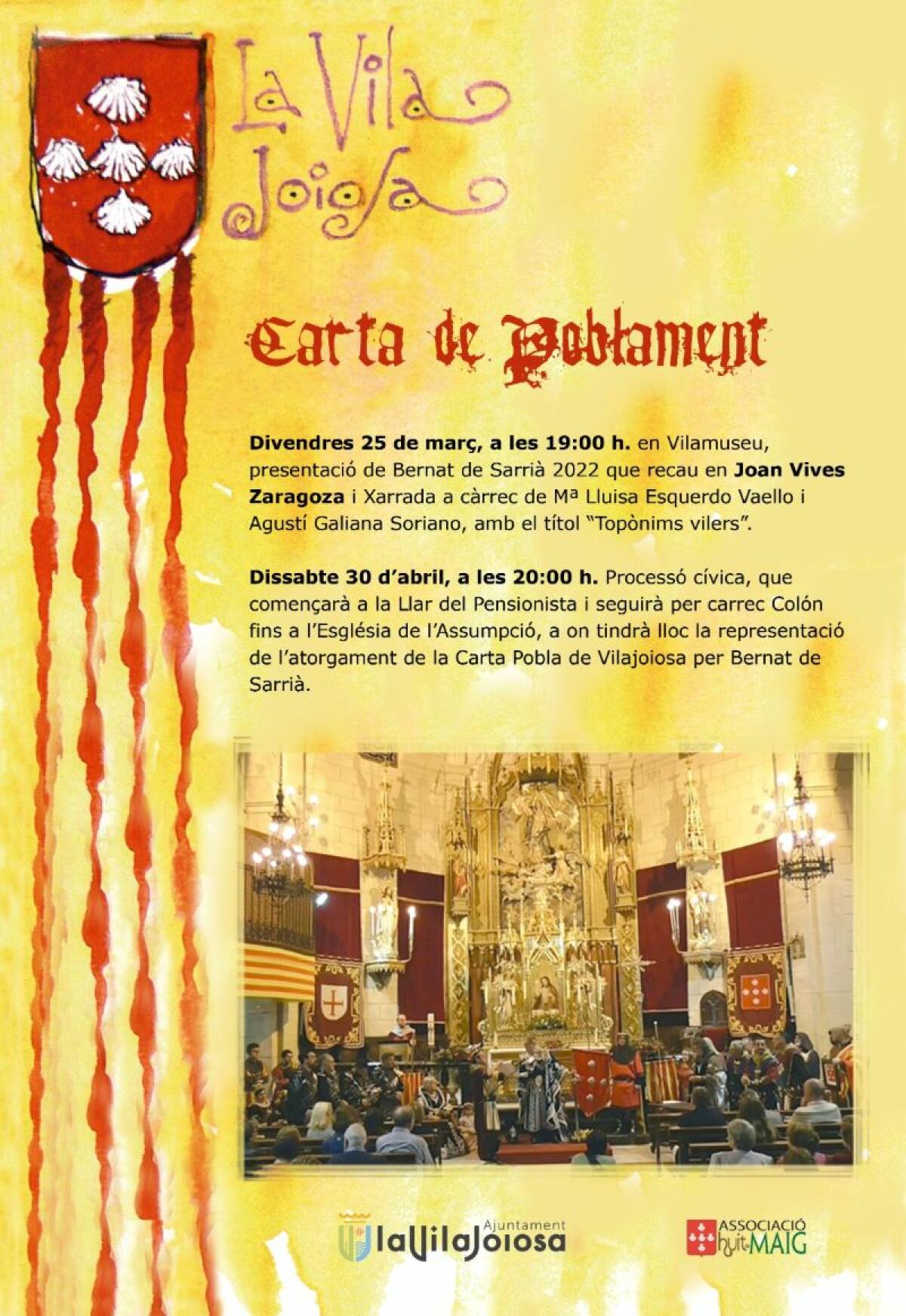 El Ayuntamiento de la Vila Joiosa y la Asociación Huit de Maig celebran este viernes la de presentación de Bernat de Sarrià y la conferencia “Topònims vilers”