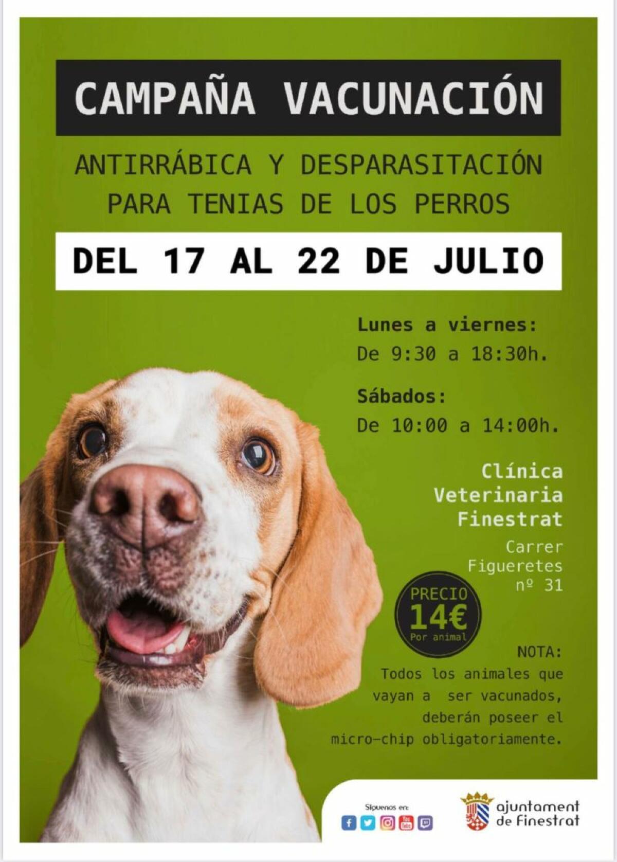  CAMPAÑA DE VACUNACIÓN ANTIRRÁBICA MASCOTAS EN FINESTRAT DEL 17 AL 22 DE JULIO