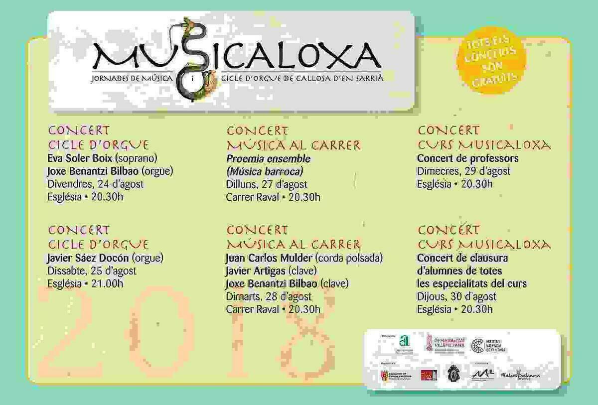 La m&uacute;sica antigua volver&aacute; a sonar en Callosa d&rsquo;en Sarri&agrave; del 24 al 31 de agosto con &lsquo;Musicaloxa&rsquo;