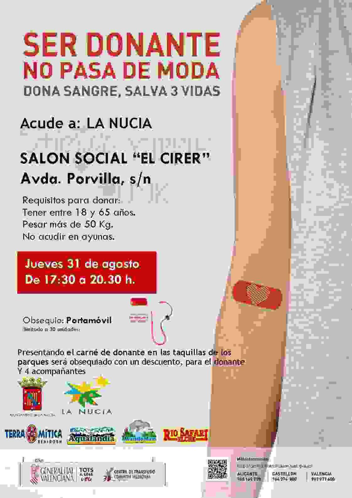 Donaci&oacute;n de sangre el 31 de agosto en el Centro Social el Cirer de La Nuc&iacute;a