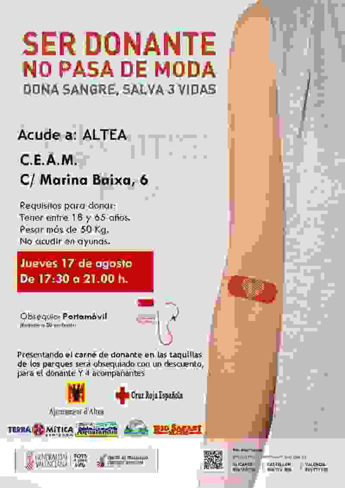 Donaci&oacute;n de sangre en Altea este jueves, 17 de agosto, de 17.30 a 21 horas en el CEAM
