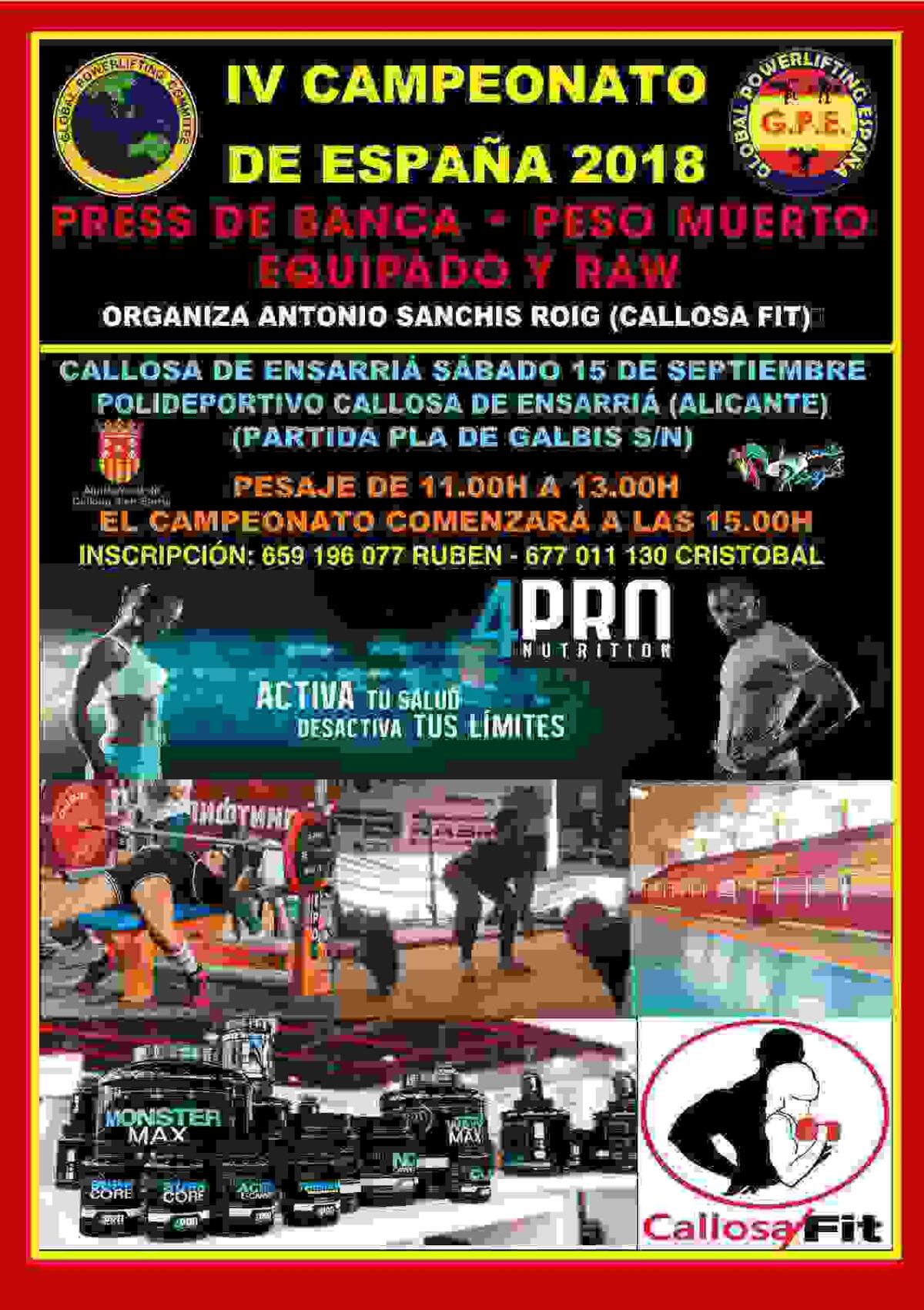  Callosa d&rsquo;en Sarri&agrave; acoge este s&aacute;bado el IV Campeonato de Espa&ntilde;a de Press Banca y Peso Muerto